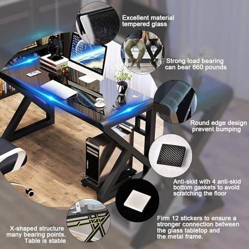BINGTOO Glass Top Computer Desk with Metal Frame - Modern Simple Workstation for Home Office, Gaming, Writing, Study & Work, Black