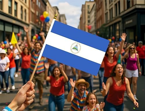 NJ & NJBW 20 Pack Small Mini Nicaragua Flag on Wooden Stick - 5 x 8inch Miniature Portable Handheld Pole Nicaraguan Flags Decorations