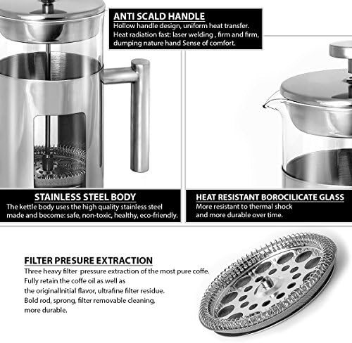 34 Ounce French Press Coffee Maker with Stainless Steel 18/8 frame