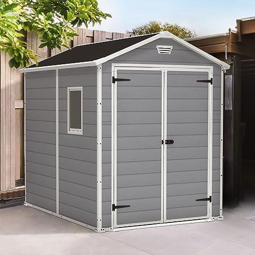 Keter Manor 6x8 Foot All Weather Garden Tool Outdoor Storage Shed with Lockable Double Doors, Fixed Window and Wood-Look Resin Walls
