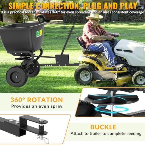 Tow Behind Broadcast Spreader, 200 LB Capacity, Fertilizer Spreader Holds up to 550 lbs with 13" Pneumatic Tires and Adjustable Flow Control Lever