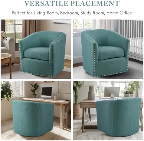 Madison Park Swivel Barrel Accent Chair, Upholstered Curved Back with 7-Inch Thick Woven Cushion, 360° Swivel, Nailhead Trim, Comfy Chair for Living Room, Bedroom, Office, 28" Wide, Neutral, Tyler