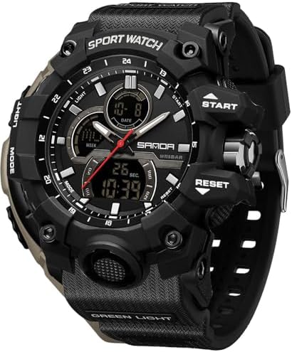 FANMIS Men Sports Outdoor Watch Analog Digital Multifunctional Black Watch | Black Sports Watch Casual Quartz Wristwatch Waterproof Military Wrist Watch Tactics LED Alarm Stopwatch Digital Watch for Men