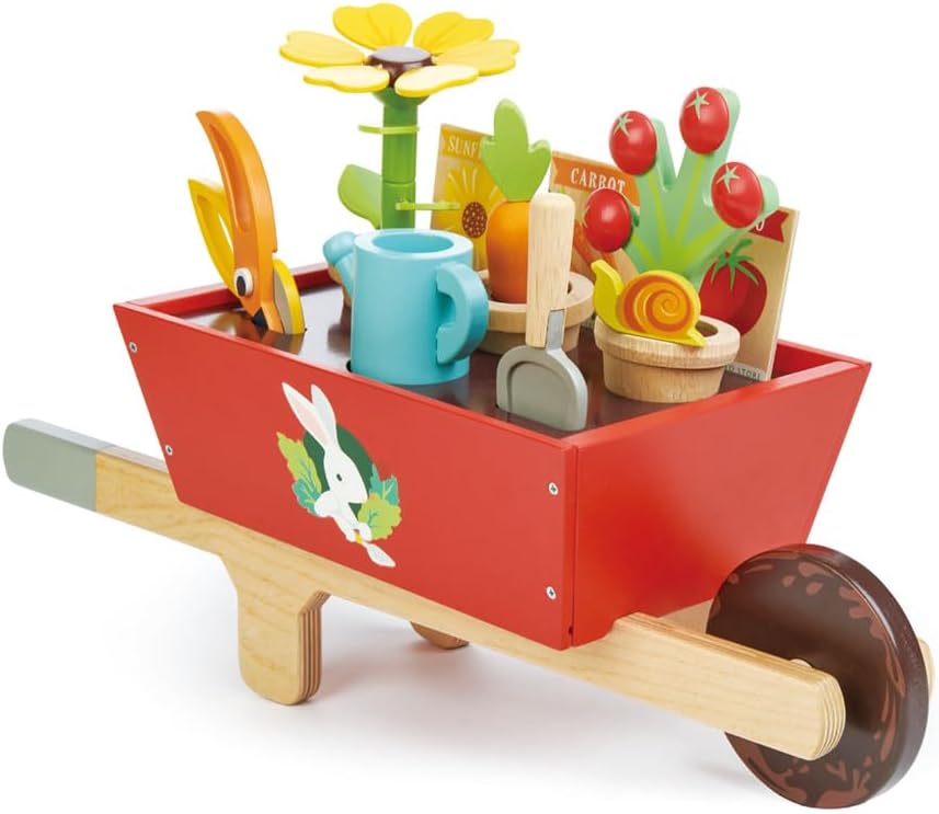 Tender Leaf Toys Garden Wheelbarrow Set – Deluxe Wooden Gardening Toy with Tools & Accessories – Supports Learning