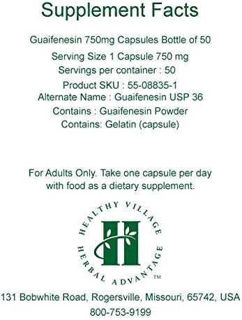 Guaifenesin Capsules 750mg (50 Capsules) - Pure Guaifenesin No Fillers No Binders