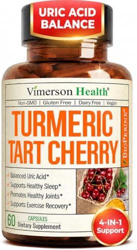 Tart Cherry Capsules – 4-in-1 Turmeric Tart Cherry Supplement for Uric Acid Balance & Joint Health – 10:1 Tart Cherry Extract Capsules with Celery Seed, Turmeric Curcumin & Black Pepper – 60 Count