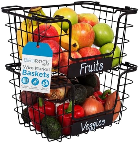 BirdRock Home Stacking Wire Market Baskets with Chalk Label | Set of 2 | Fruit Vegetable Produce Metal Storage Bin for Kitchen Counter | Black