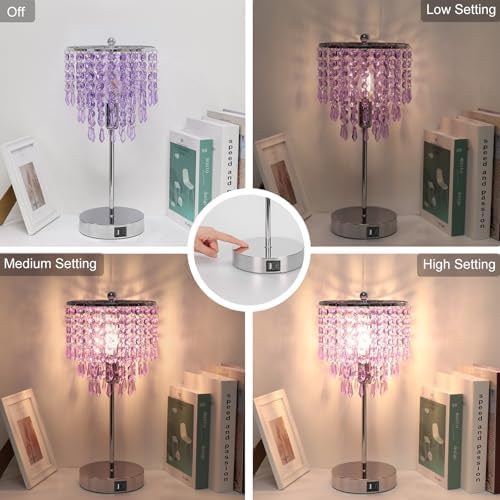 Touch Control Crystal Table Lamp with USB C+A Charging Ports, 3-Way Dimmable Bedside Touch Lamp Decorative Nightstand Lamp with Elegant Lampshade for Living Room Bedroom, B11 LED Bulb Included
