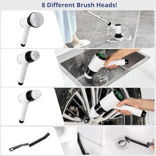 Electric Spin Scrubber, Cordless Power Cleaning Brush with 8 Replaceable Heads, 2 Adjustable Speeds, LED Display & Long Handle