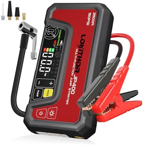 LOKITHOR JP400 Jump Starter with Air Compressor for 8.5L Gas/6.5L Diesel | 2500A 12V Portable Jumper Starter for Car, 150PSI Tire Inflator, 300 Lumen LED Light, Power Bank, ConnectMax, Jumper Cables