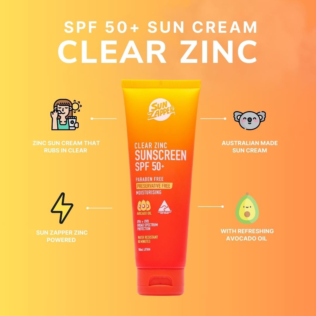 Sun Zapper Clear Zinc Sunscreen SPF 50+ Travel Size – Zinc Oxide Sunscreen for Face and Body, Water Resistant Broad Spectrum Sunblock, No White Cast, Oxybenzone Free, 60mL (2 oz), Australian Made