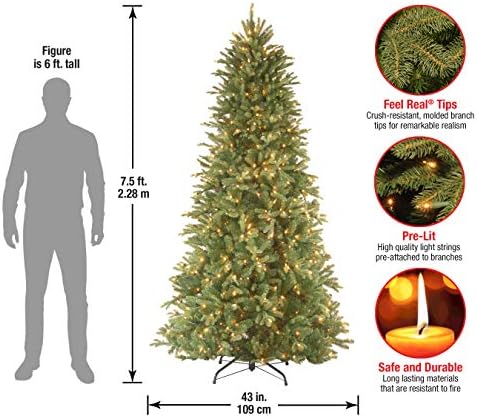 National Tree Company 7.5ft Pre-Lit Tiffany Fir Slim Christmas Tree | 600 Clear Lights, 1,878 Tips, Includes Stand, Artificial, Green