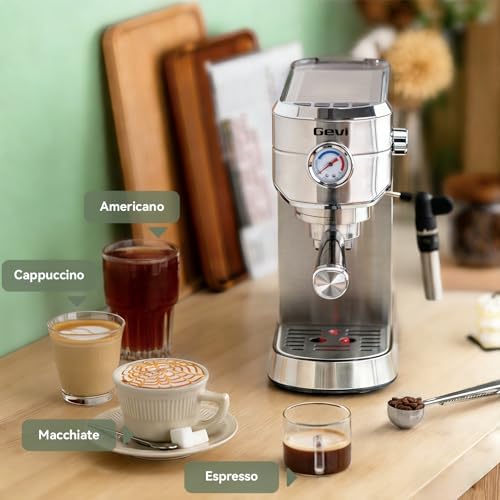 Gevi 20 Bar Espresso Machine with Milk Frother, Compatible with Pods&Ground | Compatible with Nespresso Pods&Ground, Built-in pressure gauge