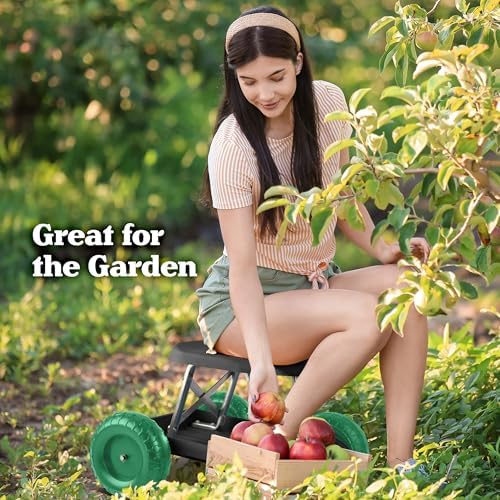Pure Garden Rolling Garden Seat with Wheels and Tool Tray, Black/Green | Gardening Stool Garden Cart Scooter with Storage for Yard Tools