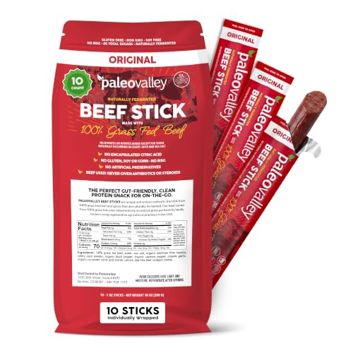 Paleovalley 100% Grass Fed Beef Sticks, Protein Snacks, Original | 10 Count, Individually Wrapped, Naturally Fermented, Gluten Free, Keto and Paleo, Made With Simple Ingredients, 6g Protein