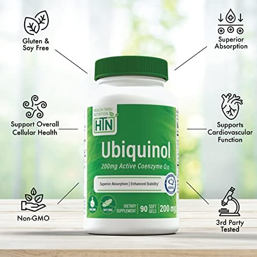 Health Thru Nutrition Ubiquinol 200mg 30 Softgels as Kaneka QH Reduced CoQ-10 | Stabilized - 3rd Party Tested | Enhanced Bioavailability | Cardiovascular & Mitochondria Function Support | Non-GMO | Reduced Form CoQ-10 Supplement, High Absorption, Cardiov…