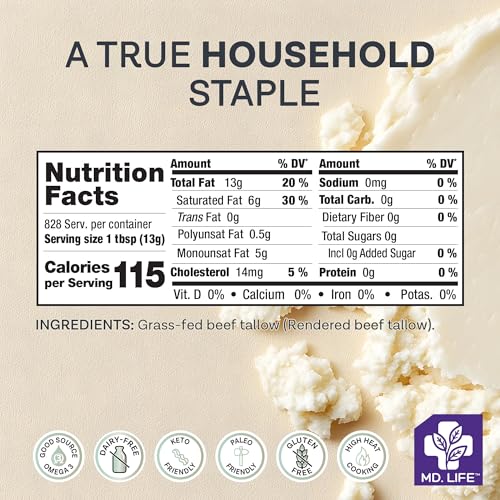 MD. Life Beef Tallow for Cooking - Food Grade Grass Fed Beef Tallow for Cooking Oil Replacement - 28 Ounce - Pasture Raised Keto Friendly Beef Tallow- Used to Make Candles & Soap