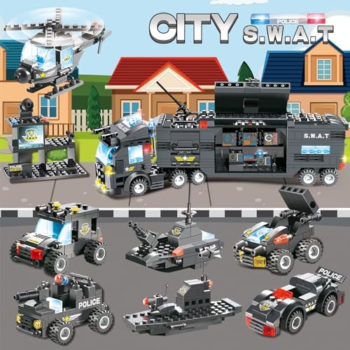 1110 PCS SWAT City Police Set Cop Car Building Set with Helicopter, Boat, Police Station, Mobile Command Center Truck Toys in 25 Different Models