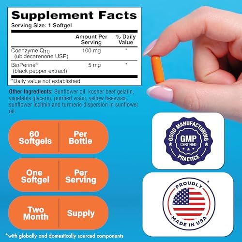 Health Thru Nutrition CoQ-10 100mg with BioPerine 120 Softgels | High Absorption Naturally Fermented USP Grade Coenzyme Q10 Supplement | 3rd Party Tested | Heart Health and Energy Support | High Absorption Naturally Fermented USP Grade Coenzyme Q10 Suppl…
