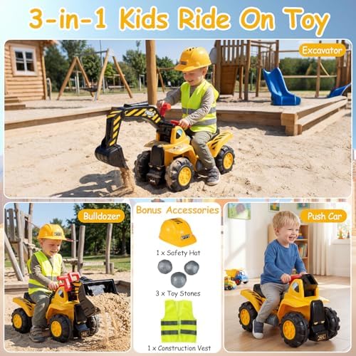 Costzon Ride on Excavator, Ride on Construction Vehicles w/Helmet, 3 Toy Stones, Realistic Sound, Adjustable Bucket & Under Seat Storage, Bulldozer Ride on Toy Gift for Kids Boys & Girls