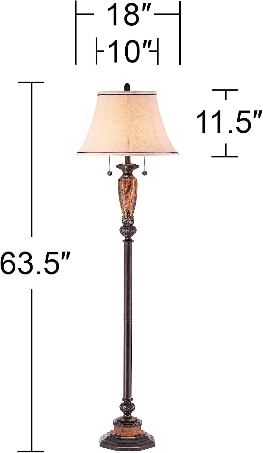 Sonnett 63 1/2" Tall Traditional Twin Pull Chain Floor Lamp Living Room | Industrial Vintage Standing Bronze Metal Faux Marble Ivory Linen Bell