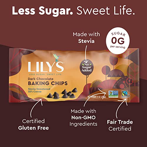 Dark Chocolate Chips by Lily's | Stevia Sweetened, No Added Sugar, Low-Carb, Keto Friendly | 55% Cocoa | Fair Trade, Gluten-Free & Non-GMO | 9 ounce
