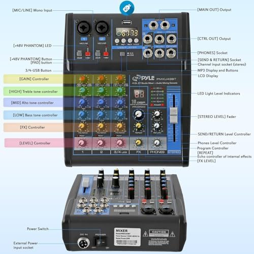 Pyle 4 Channel Audio Mixer with Bluetooth - DJ Sound Board Controller - USB Computer Input - Built-in MP3 Player - 48V Phantom Power - 3 Band EQ