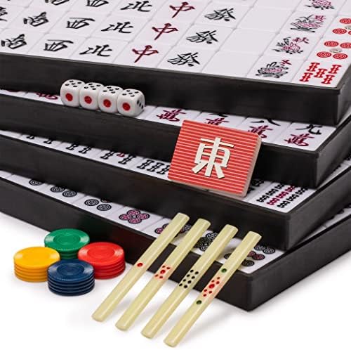 Yellow Mountain Imports Japanese Riichi Mahjong Set - White and Yellow Standard Size Tiles - with East Wind Tile and Black Vinyl Case