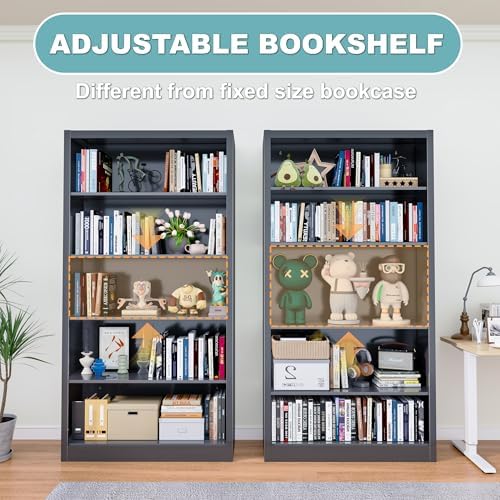 Bookcase,5 Tier White Bookshelves,66" Tall Free Standing Metal Bookcase with Adjustable Storage Shelves, Industrial Wide Bookshelf for Bedroom Living Room Home Office School