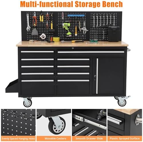 61-Inch Rolling Tool Chest with 10 Drawers & Power Strip, Solid Rubber Wood Top, 1675 LBS Load Heavy Duty Mobile Workstation, Locking System and Drawer Liners for Garage Warehouse Shop, Black
