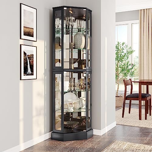 BELLEZE Lighted Corner Display Curio Cabinet Wooden Curved Shelving Unit with Tempered Glass Door