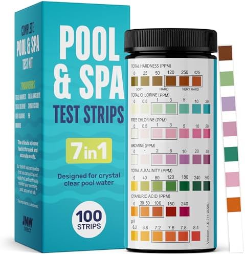 Pool Test Strips for Pools and Spas - 7 in 1 Water Test 100 Pack | Includes 100 pool test strips that measure chlorine, bromine, pH, alkalinity, hardness and cyanuric acid in 30 seconds.