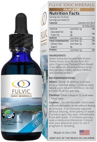 Optimally Organic Water Extracted Fulvic Ionic Minerals X100-2 Month Supply - Patented BioActive Ionic Fulvic Acid - Humic Acid - 77 Trace Minerals