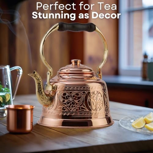 DEMMEX Heavy Gauge 1mm Thick Engraved Solid Copper Tea Pot Kettle Stovetop Teapot, Handmade (1.6-Quarts - Engraved)