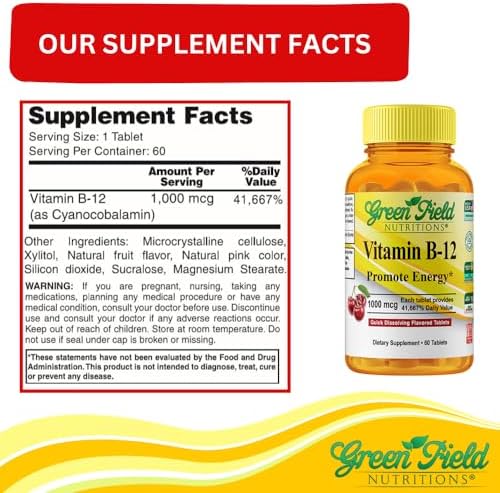 Greenfield Nutritions Halal Vitamin B12 1000mcg - Cherry Flavored Fast Absorption 60 Sublingual B12 Tablets - Natural B12 Halal Vitamins