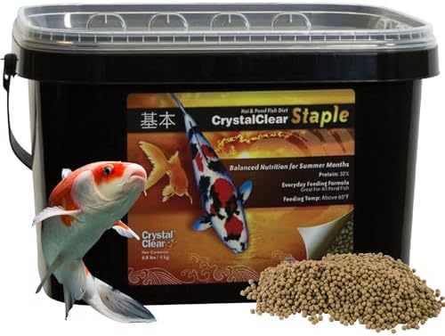 CrystalClear Staple Pond Fish Food for Koi & Goldfish, 8.8 Pound Bucket | Protein packed floating pellets for summer nutrition with easy digestion to support healthy growth and vitality