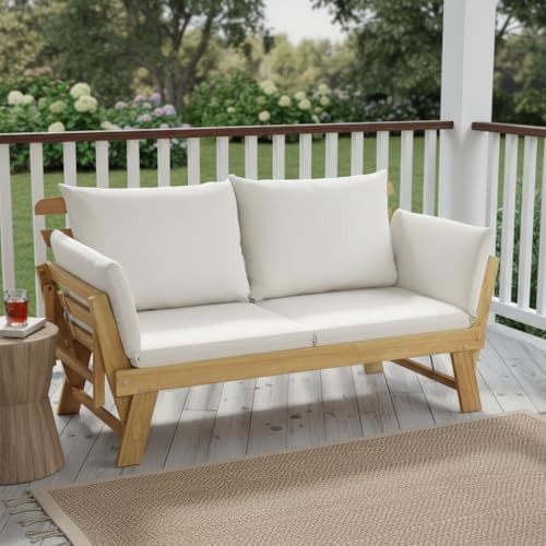 Tangkula Convertible Acacia Wood Patio Couch Sofa Bed with Adjustable Armrest, Outdoor Daybed with Cushion & Pillows