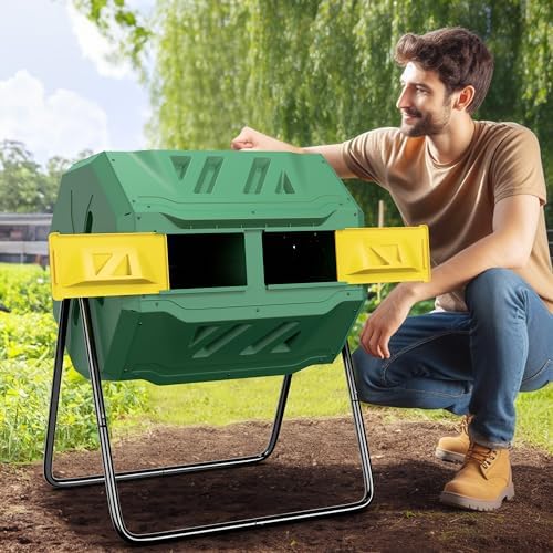 SUPER DEAL Outdoor Compost Tumbler, 43 Gallon Dual Chamber BPA Free Large Compost Bin 360° Rotating Tumbling Composter for Garden Yard, Black
