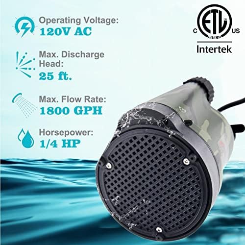 TIGEROAR 120V Submersible Pump 1/4 HP Water Transfer Pump 1800 GPH | Electric Pond Pool Pump Utility Pump with 10 ft. Cord Anticorrosive Plastic