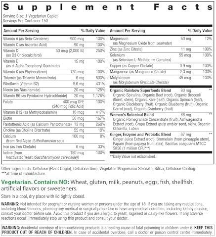 Rainbow Light Womens Multivitamin One + | 60 Caplets | Supports Energy & Antioxidant Health | Real Food Nutrients, Digestive Enzymes & Probiotics