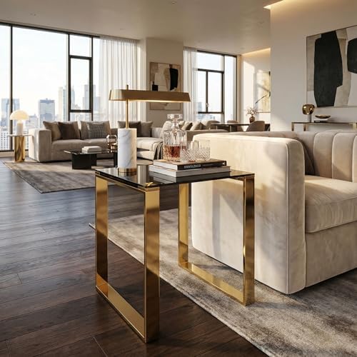 Cortesi Home CH-ET636045 Remini End Table, Gold Metal and Black Glass, End Table 18"