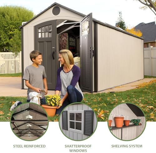 Lifetime 20 x 8 Ft. Outdoor Storage Shed with Steel Reinforced HDPE Walls, Lockable Doors, Windows, Skylights, Adjustable Shelving