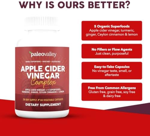 Paleovalley Apple Cider Vinegar Complex Capsules with Organic Superfoods | Gut and Digestive Support, Whole Food Nutrition, No Aftertaste, Unflavored