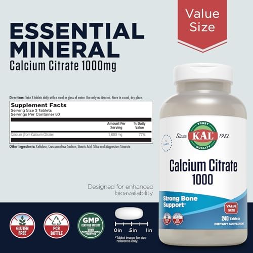 KAL Calcium Citrate 1000mg, Calcium Supplements for Women and Men, Bone Health, Teeth, Nervous, Muscular & Cardiovascular System Support, Gluten Free and Lab Verified, 60 Servings, 180 Tablets | Bone, Teeth, Muscle & Heart Support - Chelated Calcium Citr…