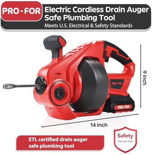 20V Cordless Electric Drain Auger, 25Ft Auto-Feed Drain Snake, Replaceable Cable, 2.0Ah Battery & Charger, LED Light, Clog Remover for Sink, Shower