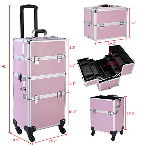 mefeir 3 in 1 Rolling Makeup Train Case, Aluminum Makeup Travel Organizer Cosmetic Case, Cosmetology Display Suitcase on Wheels, Beauty Storage Luggage Lockable w/4 Removable Wheels, Black