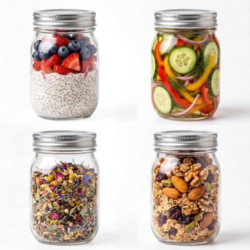 YINGERHUAN Glass Regular Mouth Mason Jars, 16 oz Clear Glass Jars with Silver Metal Lids for Sealing, Canning Jars for Food Storage, Overnight Oats