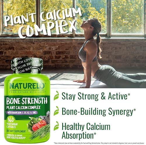 NATURELO Calcium Supplement with Vitamin C, D3, K2, 120 Vegetarian Capsules | Magnesium & Zinc for Bone Strength,Plant-Based Calcium 600mg , Non-GMO, Soy & Gluten-Free