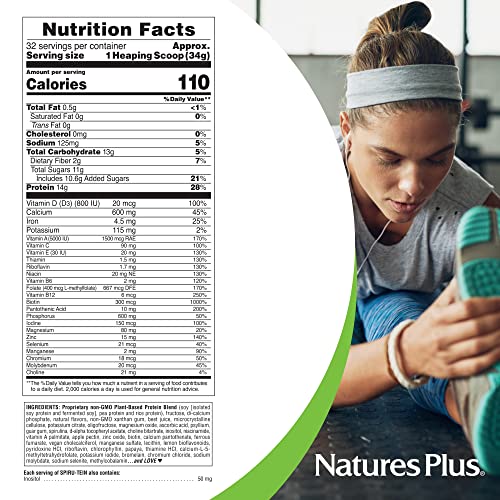 NaturesPlus SPIRU-TEIN, Strawberry - 1.2 lb - Plant-Based Protein Shake - Non-GMO, Vegetarian, Gluten Free - 16 Servings