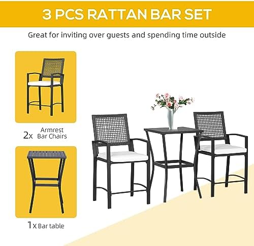 Outsunny 3pcs Patio Bar Set with Soft Cushion, Rattan Wicker for Poolside | Outdoor Furniture Set, for Backyards, Lawn, Deck